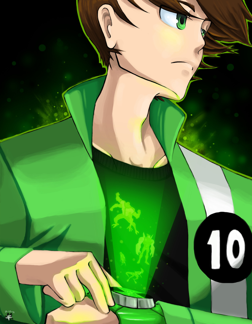 aura ben_10 ben_10:_ultimate_alien benjamin_kirby_tennyson big_chill black_shirt brown_hair cartoon_network diamondhead four_arms green_eyes green_jacket highres hologram jacket shirt xlr8