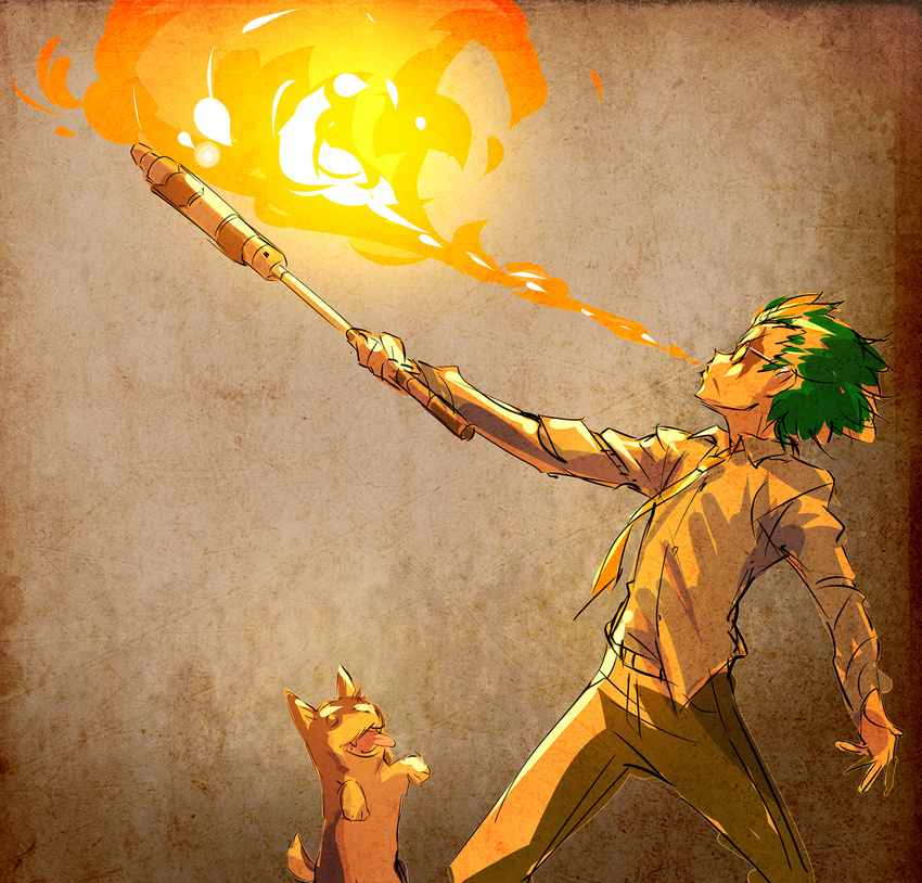 bartholomew_oobleck breathing_fire dog fire glasses green_hair highres iesupa necktie pants rwby shirt tongue tongue_out welsh_corgi zwei_(rwby)