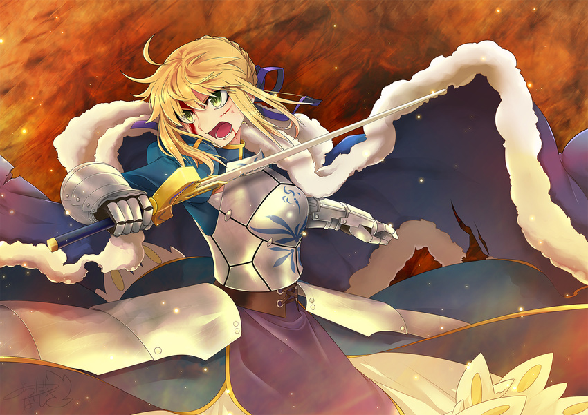 armor armored_dress artoria_pendragon_(all) blonde_hair blood blood_from_mouth blood_on_face breastplate cape excalibur fate_(series) fur-trimmed_cape fur_trim green_eyes highres injury juliet_sleeves long_sleeves open_mouth puffy_sleeves saber shouting solo sword type-moon weapon yotsuda_nashiki