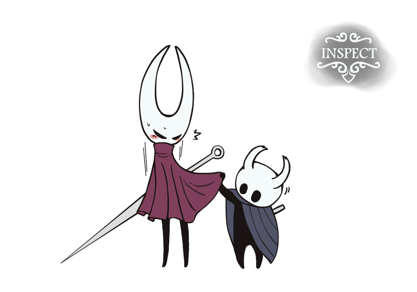 ambiguous_gender ambiguous_species black_body blush duo hollow_knight hornet_(hollow_knight) melee_weapon not_furry protagonist_(hollow_knight) simple_background sitting size_difference weapon white_background zelen