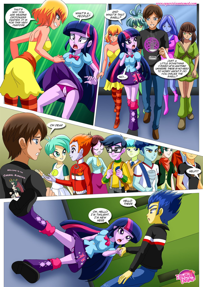 2017 alternate_species backpack bandanna bbmbbf blouse boots breasts cleavage clothed clothing comic crossover crotchless_panties dress dutch_angle equestria_girls equestria_untamed eyewear female flash_sentry_(mlp) footwear freckles friendship_is_magic glasses high_heels human humanized jacket jeans legwear male mammal my_little_pony not_furry palcomix panties pants pussy robe scarf shirt shoes side_boob skirt stockings text tornado twilight_sparkle_(mlp) underwear upskirt