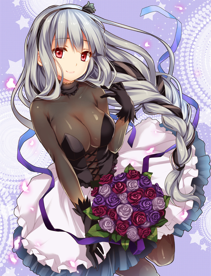 alfou_(wixoss) black_dress black_gloves black_hair blush bodystocking bouquet braid breasts cleavage dress flower gloves hairband highres large_breasts long_hair looking_at_viewer moneti_(daifuku) multicolored_hair red_eyes rose see-through silver_hair single_braid smile solo two-tone_hair very_long_hair wixoss