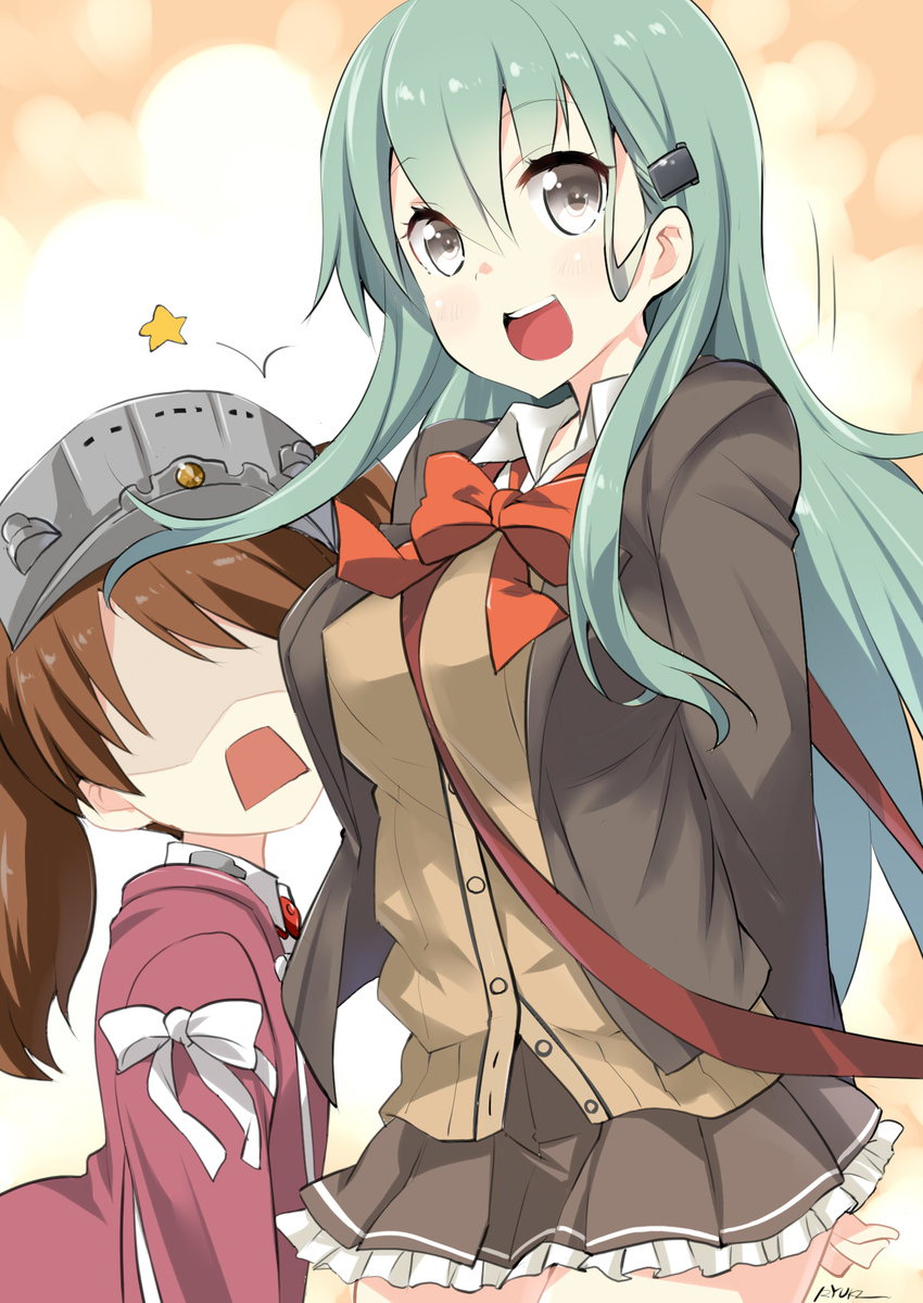 bangs between_breasts black_jacket blouse breasts brown_hair brown_skirt brown_sweater cardigan commentary flat_chest green_hair hair_ornament hairclip highres jacket japanese_clothes kantai_collection kariginu large_breasts long_hair long_sleeves multiple_girls neck_ribbon no_eyes open_mouth rectangular_mouth red_ribbon remodel_(kantai_collection) ribbon ryuki_(ryukisukune) ryuujou_(kantai_collection) school_uniform shaded_face silver_eyes skirt smile star strap_cleavage suzuya_(kantai_collection) sweater symbol_ricochet twintails visor_cap white_blouse