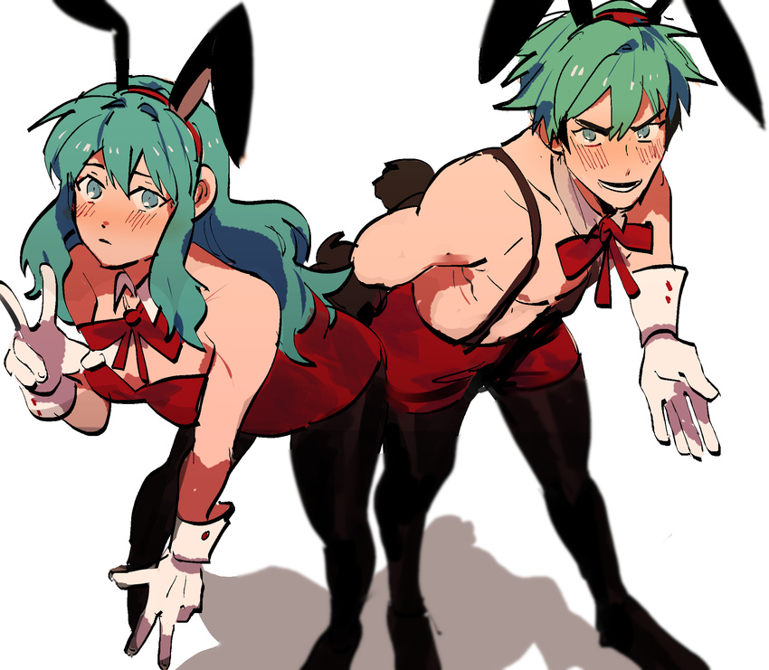 1girl animal_ears aqua_hair black_legwear blue_eyes bow bowtie brother_and_sister bunny_boy bunny_ears bunny_girl bunny_tail bunnysuit detached_collar eirika ephraim fake_animal_ears fire_emblem fire_emblem:_seima_no_kouseki fire_emblem_heroes gloves hairband highres kendy_(revolocities) long_hair nipples pantyhose shadow shirtless shorts siblings suspenders tail white_gloves wrist_cuffs