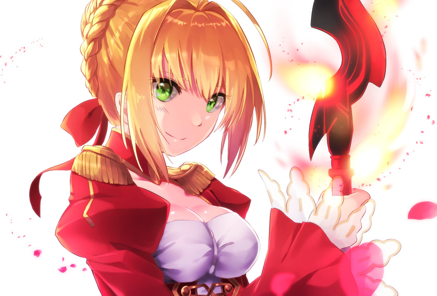 aestus_estus ahoge blonde_hair blush braid breasts cleavage closed_mouth commentary_request dress epaulettes fate/extra fate_(series) fire french_braid green_eyes hair_intakes hair_ribbon highres holding holding_sword holding_weapon medium_breasts mipi nero_claudius_(fate) nero_claudius_(fate)_(all) petals red_dress ribbon simple_background smile solo sword upper_body weapon white_background