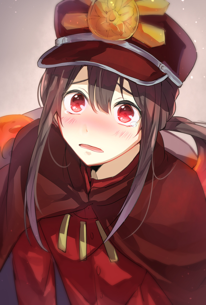 bangs black_hair blush cloak commentary_request fate/grand_order fate_(series) hat highres long_hair looking_at_viewer low_ponytail male_focus military military_hat military_uniform oda_nobukatsu_(fate/grand_order) open_mouth ponytail red_eyes sidelocks solo tears tomozero uniform upper_body
