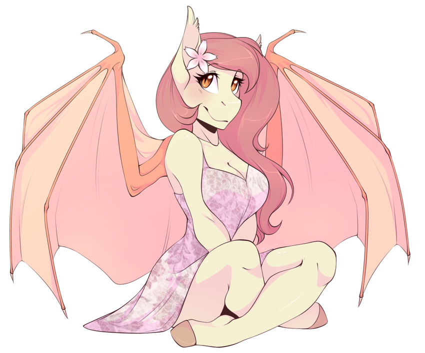 2016 anthro bat_pony bat_wings breasts cleavage clothed clothing dress equine fan_character female harmoniousrain mammal membranous_wings my_little_pony peach_blossom_(oc) sitting slit_pupils solo wings
