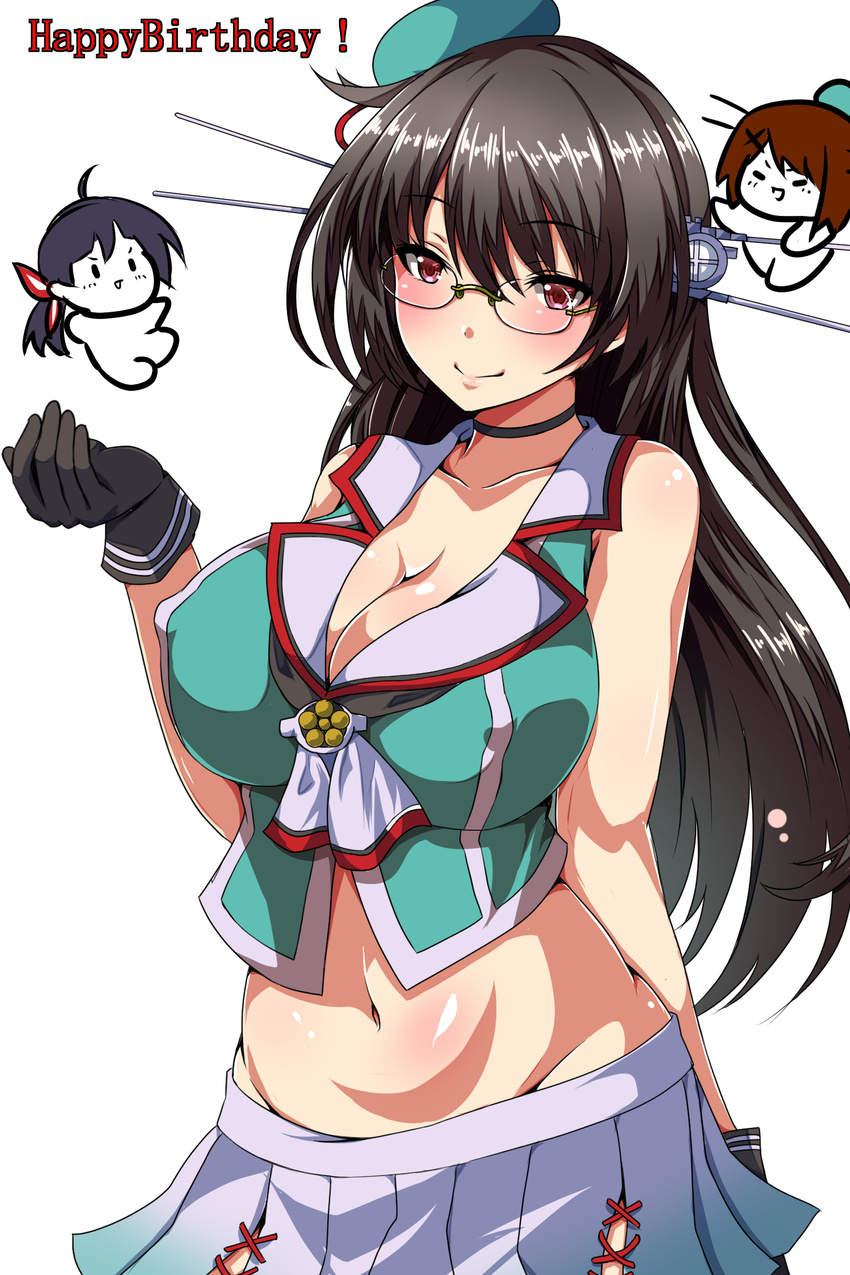 ar_(lover_boy) arm_behind_back bangs bare_arms bare_shoulders beret black_choker black_gloves black_hair body_blush breasts chibi chibi_inset choker choukai_(kantai_collection) cleavage collarbone commentary_request covered_nipples cowboy_shot crop_top cross-laced_clothes double_horizontal_stripe fujinami_(kantai_collection) glasses gloves groin hand_up happy_birthday hat head_tilt highres kantai_collection large_breasts long_hair lowleg_skirt maya_(kantai_collection) miniskirt multiple_girls navel pleated_skirt red_eyes remodel_(kantai_collection) rimless_eyewear round_eyewear school_uniform serafuku shiny shiny_hair simple_background skirt solo_focus stomach white_background white_skirt