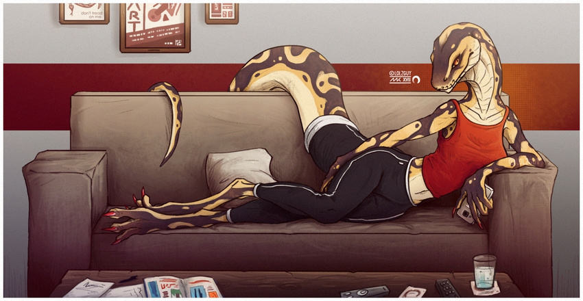 5_fingers anthro barefoot clothed clothing detailed_background female holding_object leaning lolzguy lying reptile scalie smile snake sofa