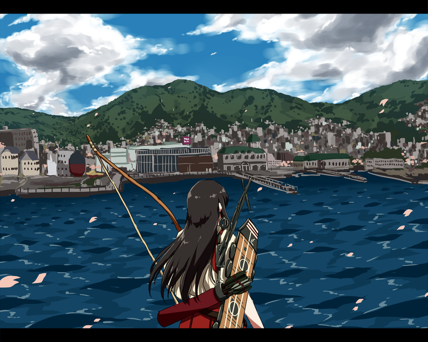 akagi_(kantai_collection) any_(lucky_denver_mint) arrow black_hair bow_(weapon) city cityscape cloud day dock flight_deck from_behind hakama hill japanese_clothes kantai_collection long_hair ocean quiver red_hakama rigging shore sky tasuki weapon