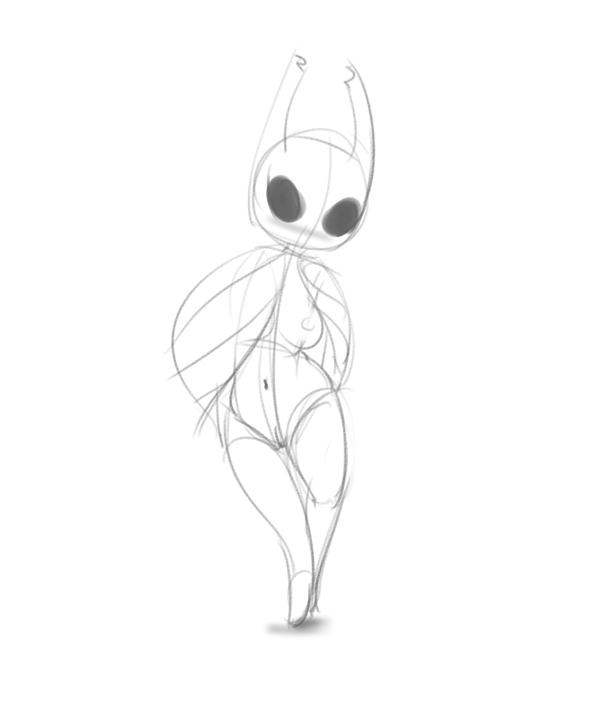 areola blush breasts cloak clothing empty_eyes female hollow_knight horn monochrome mrdoccon protagonist_(hollow_knight) pussy simple_background sketch white_background