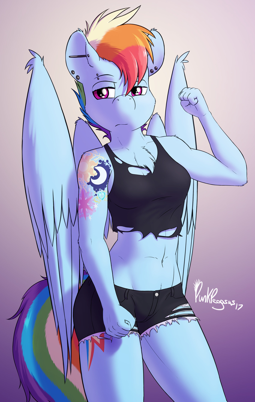 2017 anthro anthrofied clothed clothing cutie_mark ear_piercing equine feathered_wings feathers female friendship_is_magic hair mammal multicolored_hair my_little_pony navel pegasus piercing punk-pegasus rainbow_dash_(mlp) rainbow_hair solo tattoo wings