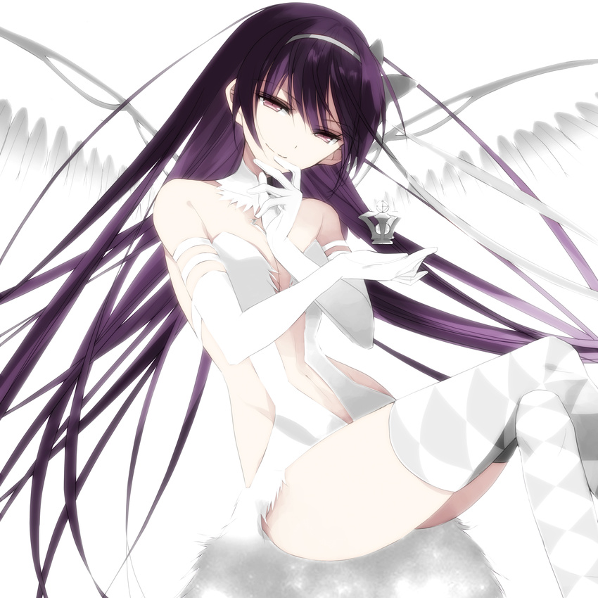 absurdres akemi_homura akuma_homura alternate_color argyle argyle_legwear bad_id bad_pixiv_id bangs bare_shoulders black_hair choker closed_mouth dark_orb_(madoka_magica) dress feathered_wings gloves hairband highres long_hair mahou_shoujo_madoka_magica mahou_shoujo_madoka_magica_movie misteor navel purple_eyes sitting smile solo soul_gem spoilers thighhighs white_background white_dress white_gloves white_hairband white_legwear white_wings wings