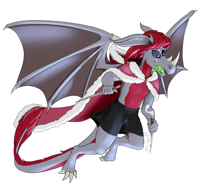 alpha_channel anthro barefoot claws digitigrade dragon hair holding_object holding_weapon knife membranous_wings nadnerbd open_mouth purple_eyes red_hair simple_background smile solo teeth tongue transparent_background weapon wings