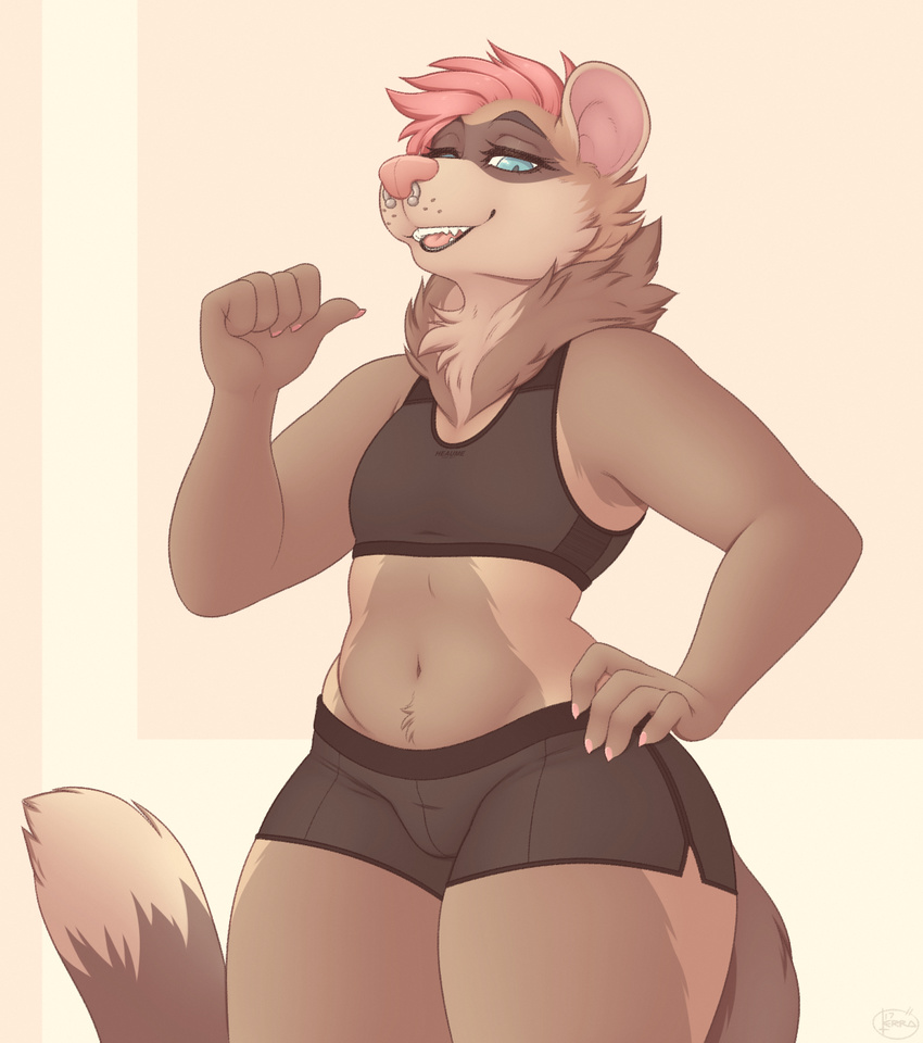2017 ambiguous_gender anthro athletic bearra blue_eyes breasts clothed clothing colored_nails facial_piercing female ferret hair mammal mustelid nose_piercing piercing pink_hair septum_piercing simple_background small_breasts solo thick_thighs