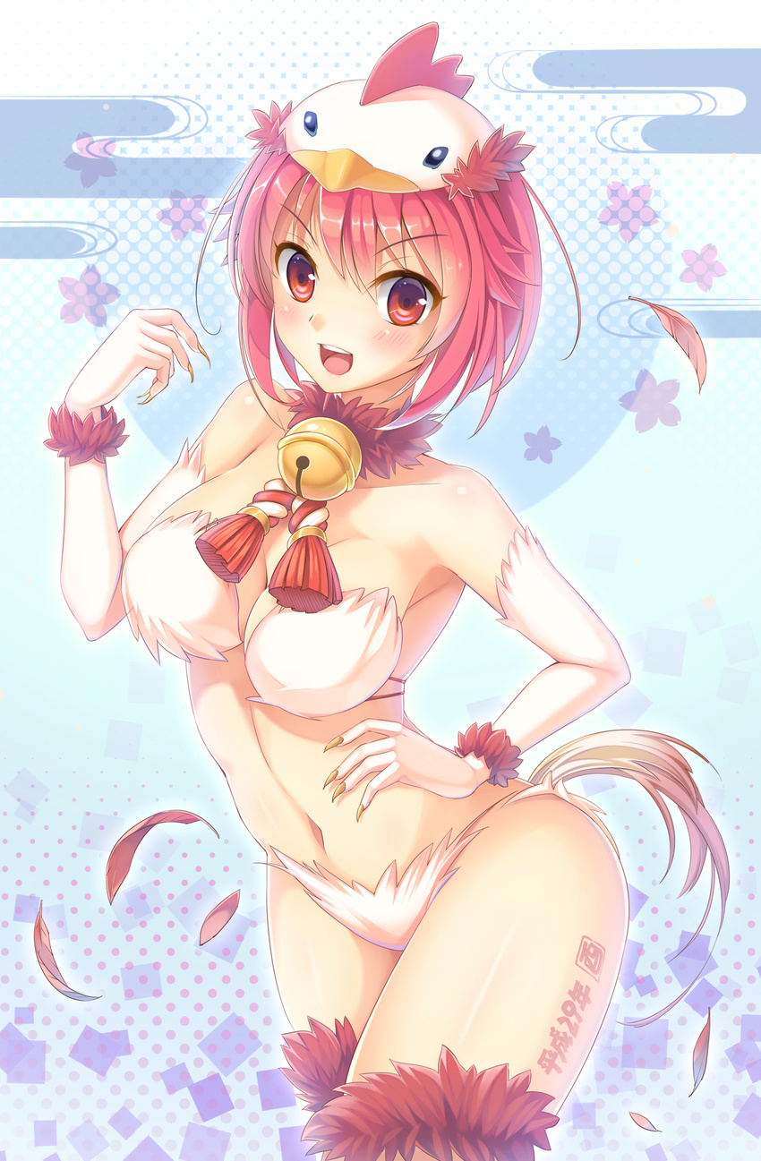 2017 :d bell bell_choker bikini blush breasts chicken_costume chinese_zodiac choker cowboy_shot elbow_gloves feathers fingernails gloves hand_on_hip happy_new_year highres large_breasts long_fingernails looking_at_viewer new_year open_mouth original personification pink_eyes pink_hair rooster_costume rooster_tail short_hair smile solo swimsuit umitonakai year_of_the_rooster