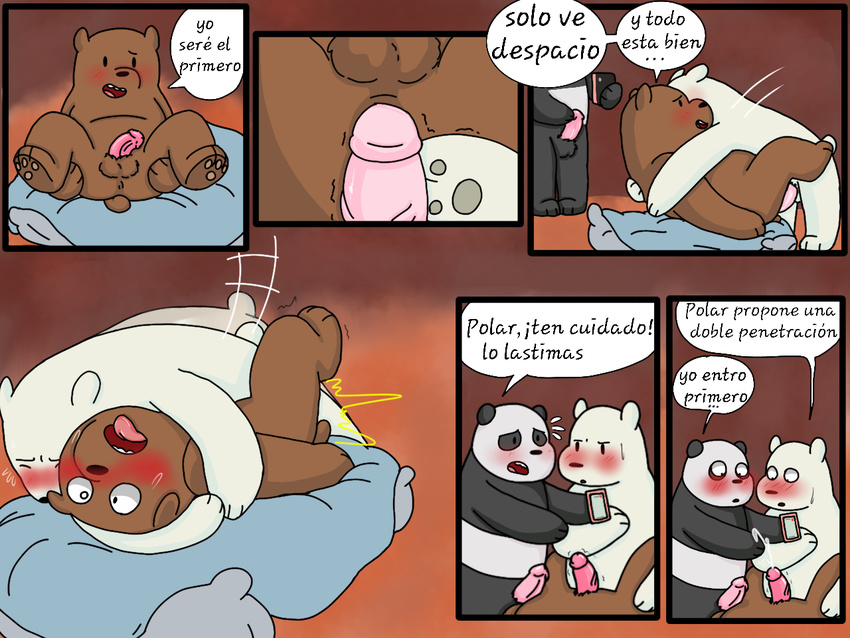 anal anal_penetration bear cartoon_network cum duo grizzly_(character) grizzly_bear ice_bear inside lying male male/male mammal missionary_position on_back panda panda_(character) penetration polar_bear recording sex somcrule spanish_text text translation_request we_bare_bears