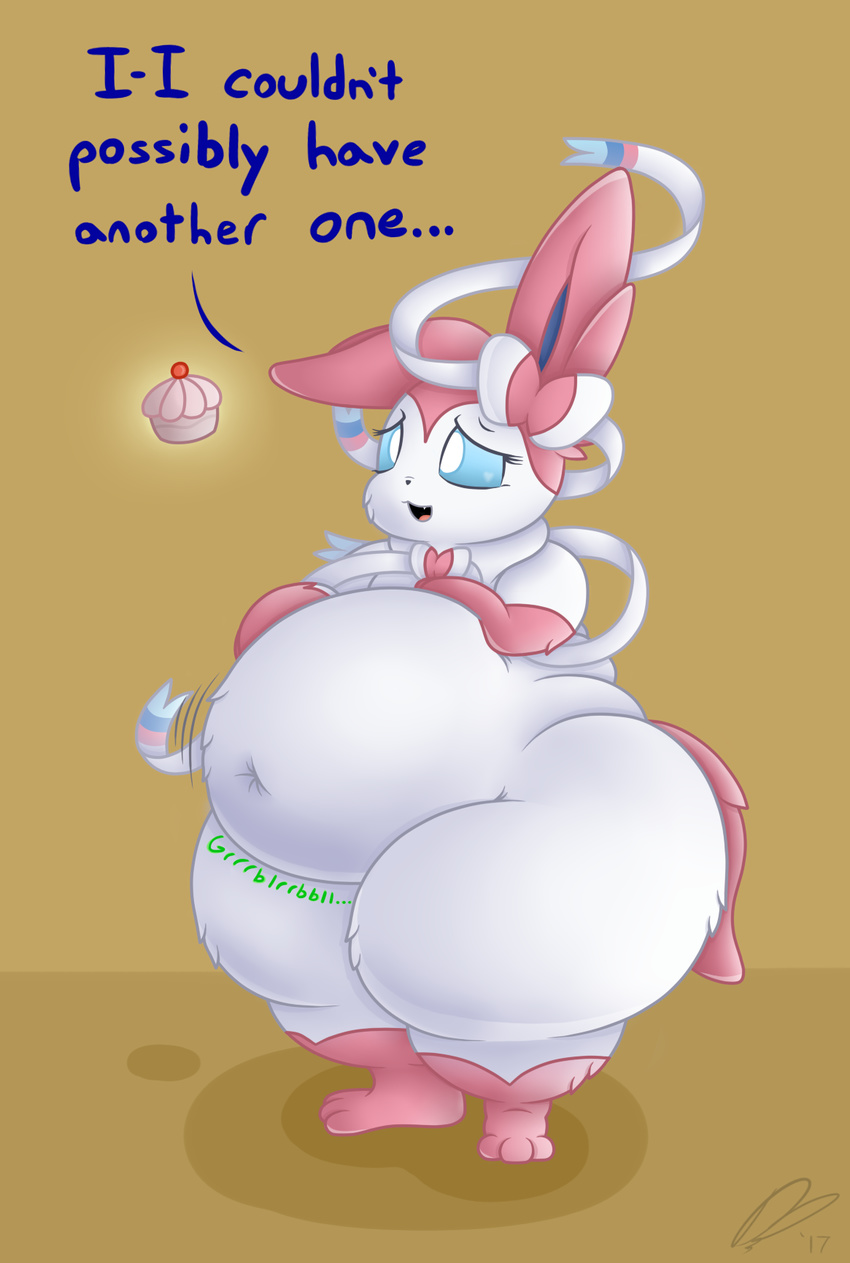 ambiguous_gender belly big_belly cupcake dullpoint eeveelution food nintendo pok&eacute;mon stomach_noises stuffing sylveon thick_thighs video_games weight_gain wide_hips