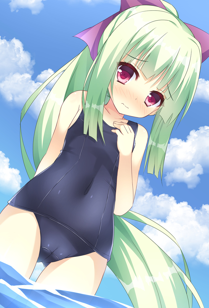 3: absurdres arm_behind_back bad_id bad_pixiv_id bangs bare_arms bare_shoulders black_swimsuit blue_sky blush bow breasts cameltoe closed_mouth cloud cloudy_sky collarbone covered_navel cowboy_shot day dutch_angle embarrassed eyebrows_visible_through_hair floating_hair from_below green_hair hair_ribbon hand_on_own_chest hand_up highres long_hair looking_at_viewer looking_down minatsuki_kou murasame_(senren) nose_blush one-piece_swimsuit ponytail purple_bow red_eyes ribbon school_swimsuit senren_banka shiny shiny_clothes shiny_hair shiny_skin side_ponytail sky small_breasts solo standing swimsuit very_long_hair wading water wind