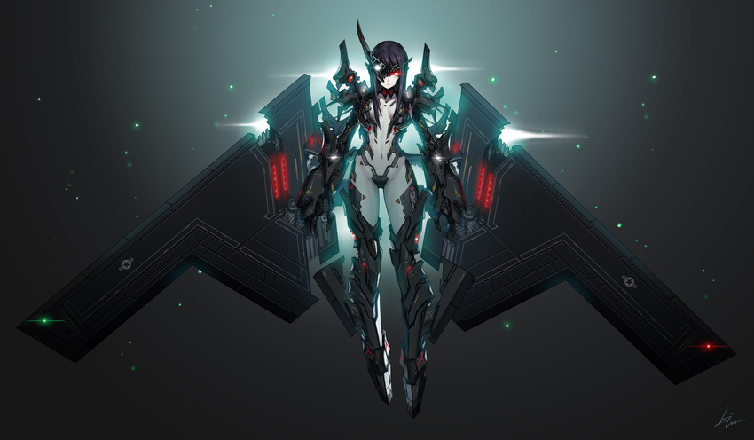 aircraft airplane armor b-2_spirit bad_id bad_pixiv_id black_hair bomber breasts collar crotch glowing glowing_eyes highres kws mecha_musume military military_vehicle navel original personification red_eyes solo white_skin