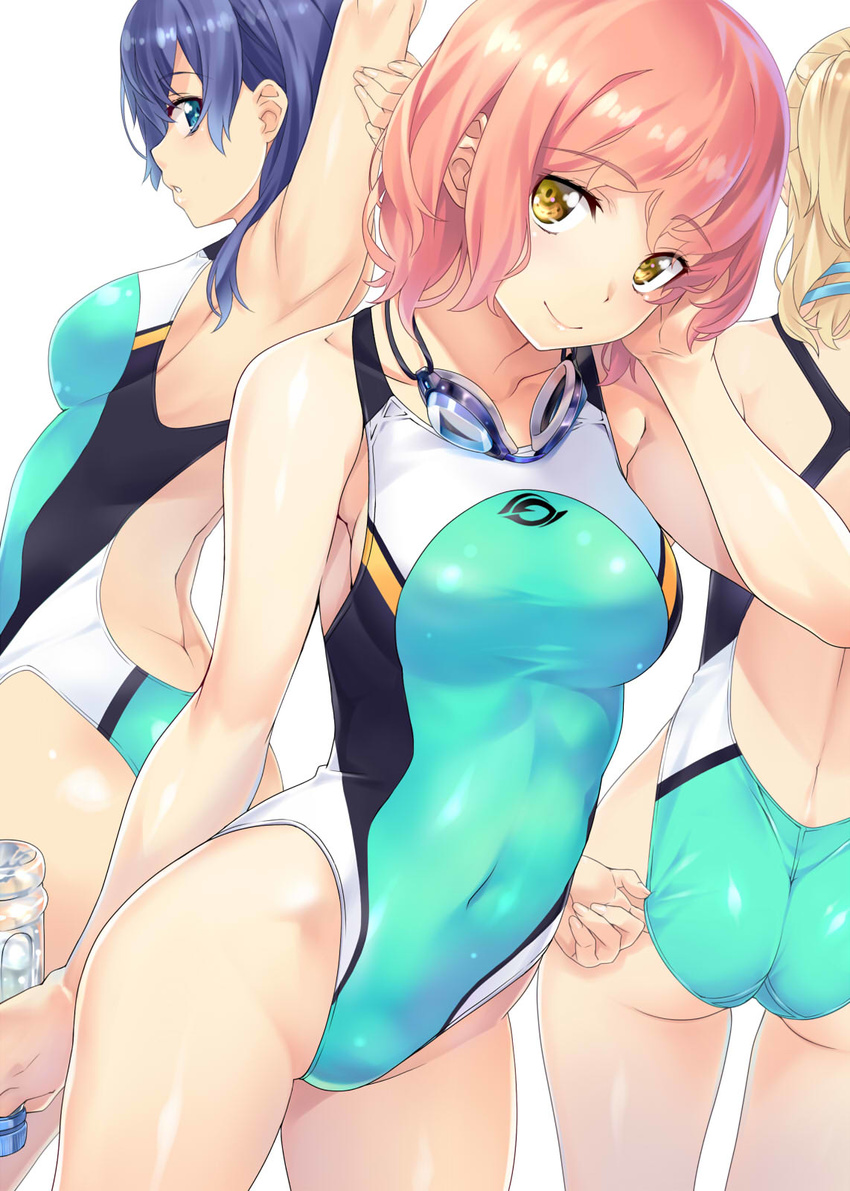 adjusting_clothes adjusting_swimsuit arm_up armpits ass bangs blonde_hair blue_eyes blue_hair blush bottle breasts brown_eyes commentary_request competition_swimsuit covered_navel goggles goggles_around_neck highleg highleg_swimsuit highres looking_at_viewer medium_breasts multiple_girls nagayori one-piece_swimsuit original pink_hair ponytail short_hair simple_background swimsuit water_bottle white_background