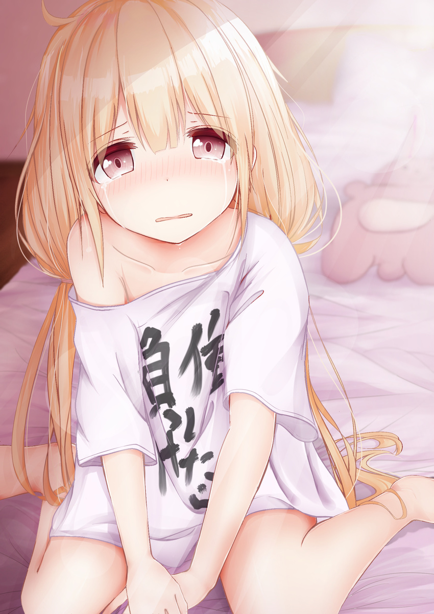 bad_hands bangs bare_legs barefoot bed blonde_hair blurry blush clothes_writing collarbone commentary_request crying crying_with_eyes_open depth_of_field eyebrows_visible_through_hair futaba_anzu hair_between_eyes highres idolmaster idolmaster_cinderella_girls indoors karu_(qqqtyann) light_rays long_hair looking_at_viewer low_twintails nose_blush off_shoulder on_bed oversized_clothes red_eyes shiny shiny_hair shirt short_sleeves sitting solo stuffed_animal stuffed_bunny stuffed_toy t-shirt tears twintails very_long_hair wariza white_shirt you_work_you_lose