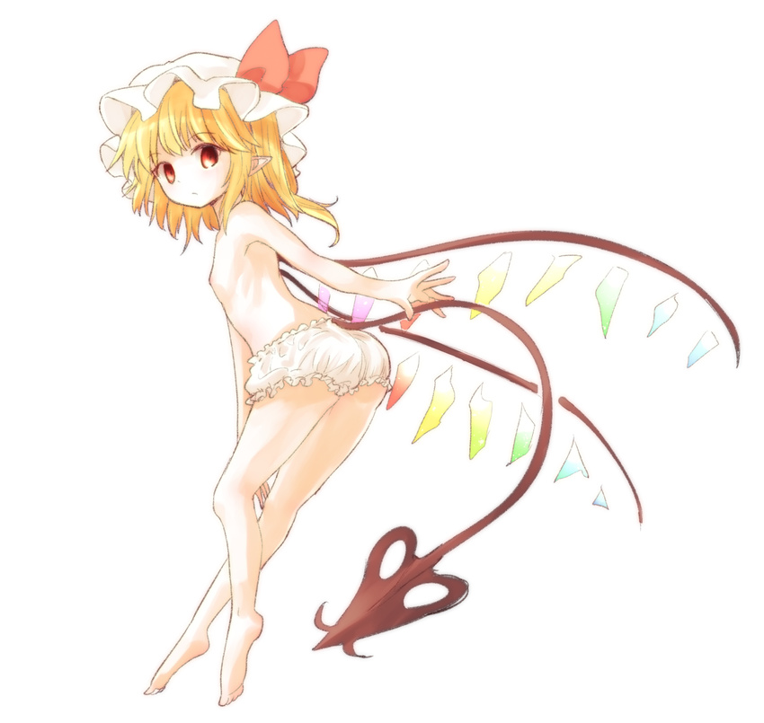 ass bare_legs barefoot blonde_hair bloomers breasts flandre_scarlet full_body hat hat_ribbon highres laevatein_(tail) looking_at_viewer mob_cap nibi pointy_ears red_eyes red_ribbon ribbon simple_background small_breasts solo tail topless touhou underwear underwear_only white_background white_bloomers wings