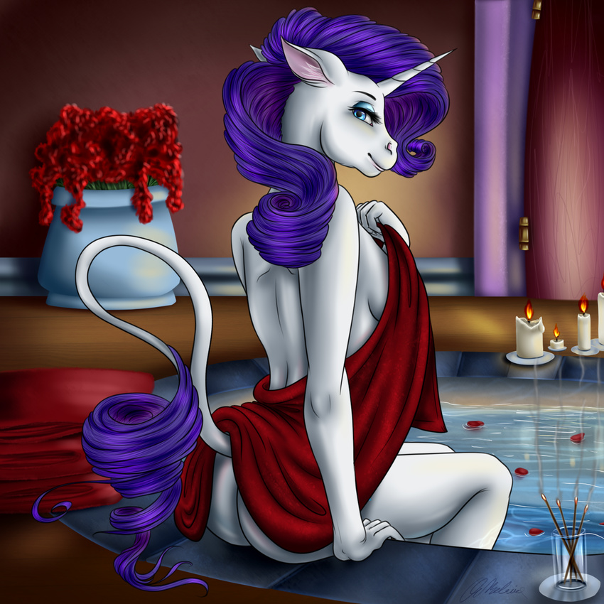 2017 anthro anthrofied blue_eyes butt candle crazyaniknowit equine eyeshadow female friendship_is_magic hair hi_res horn incense inside long_hair looking_at_viewer makeup mammal my_little_pony rarity_(mlp) sitting solo unicorn water