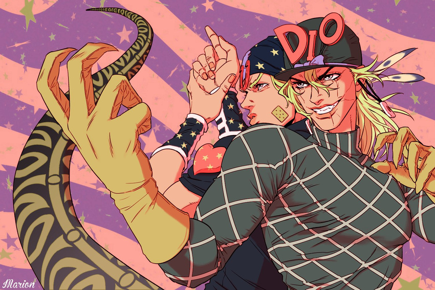 bandaid bandaid_on_face blonde_hair blue_eyes bow claws cracked_skin diego_brando dinosaur_tail fang feathers fighting_stance finger_gun foreshortening gloves grin hat heart horseshoe johnny_joestar jojo_no_kimyou_na_bouken male_focus marion-ville purple_bow scary_monsters_(stand) smile star starry_background steel_ball_run striped striped_background tail turtleneck wristband yellow_gloves