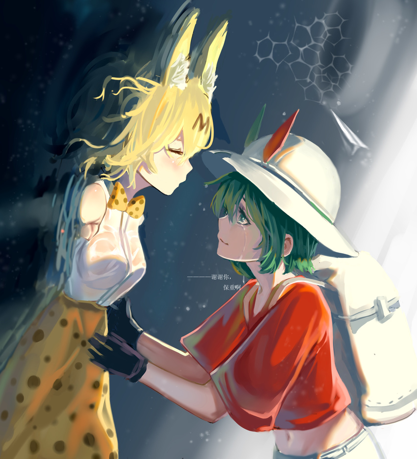 absurdres animal_ears animal_print backpack bag bare_shoulders black_cerulean_(kemono_friends) black_gloves blonde_hair chinese closed_eyes commentary_request crying gloves green_hair hair_between_eyes hat hat_feather helmet highres kaban_(kemono_friends) kemono_friends kyunotobi midriff multiple_girls paper_airplane pith_helmet red_shirt serval_(kemono_friends) serval_ears serval_print shirt short_hair shorts smile spoilers tail tears translation_request wavy_hair