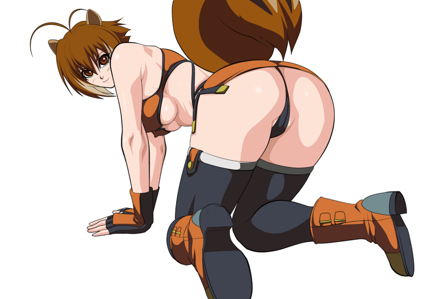 1girl :3 all_fours animal_ears antenna_hair arc_system_works ass bare_shoulders black_legwear black_panties blazblue blazblue:_continuum_shift blush boots breasts brown_eyes brown_hair female fingerless_gloves from_behind game_cg huge_ass large_breasts lime_(purple_haze) looking_at_viewer looking_back makoto_nanaya miniskirt nipples panties partially_visible_vulva shiny shiny_skin short_hair skirt smile solo squirrel_ears squirrel_tail tail thong upskirt
