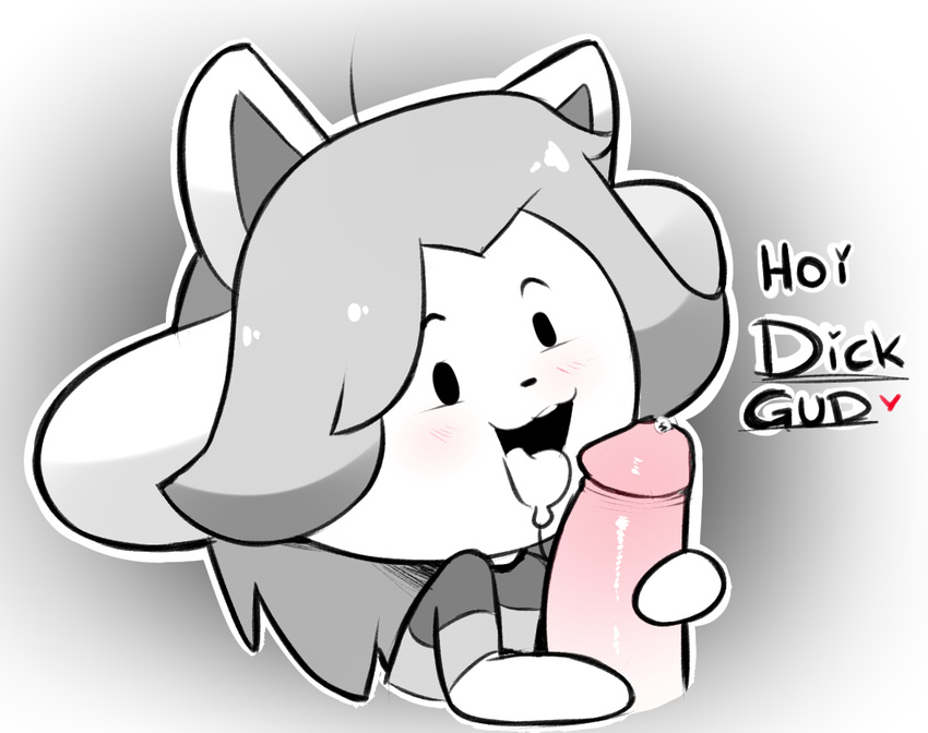 ambiguous_gender anthro blush canine clothed clothing disembodied_penis duo english_text gradient_background handjob hearlesssoul human humanoid_penis looking_at_viewer male male/ambiguous mammal penis precum saliva sex simple_background solo_focus temmie_(undertale) text tongue tongue_out undertale video_games