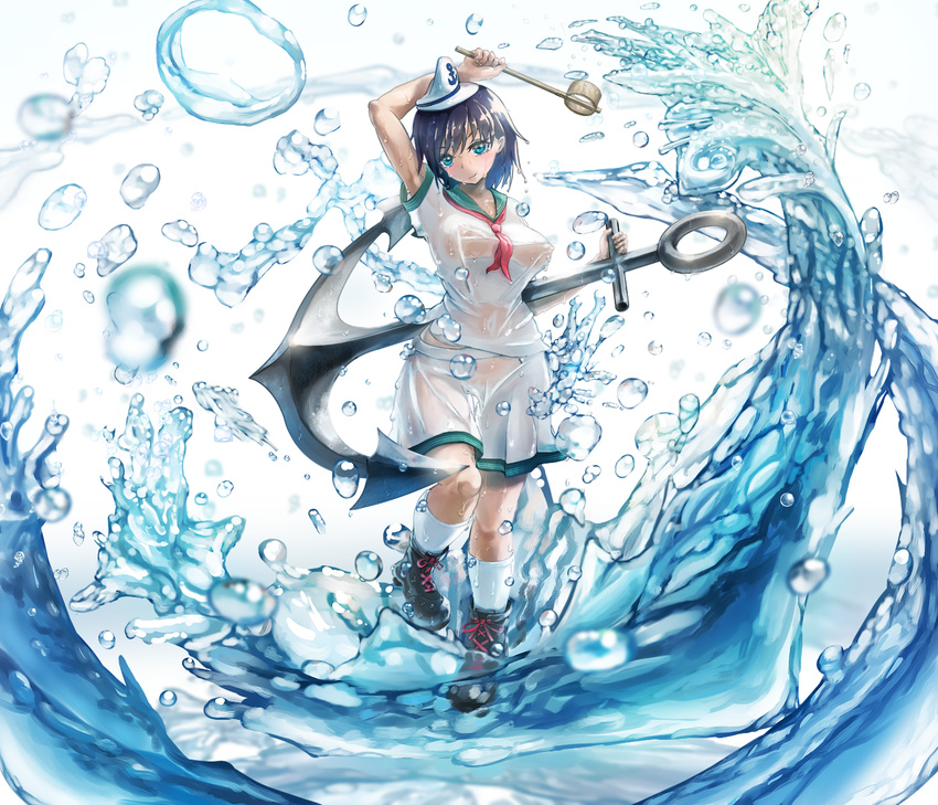 anchor aqua_eyes arm_behind_head arm_up bare_arms black_hair blurry boots breasts covered_navel covered_nipples curvy depth_of_field full_body hand_up haruno_(kuromitugozen) hat head_tilt highres hishaku holding leg_up looking_at_viewer medium_breasts murasa_minamitsu no_bra no_panties sailor sailor_collar sailor_hat see-through shirt short_sleeves shorts socks solo standing standing_on_one_leg touhou water water_drop wet wet_clothes wet_hair wet_shirt wet_shorts