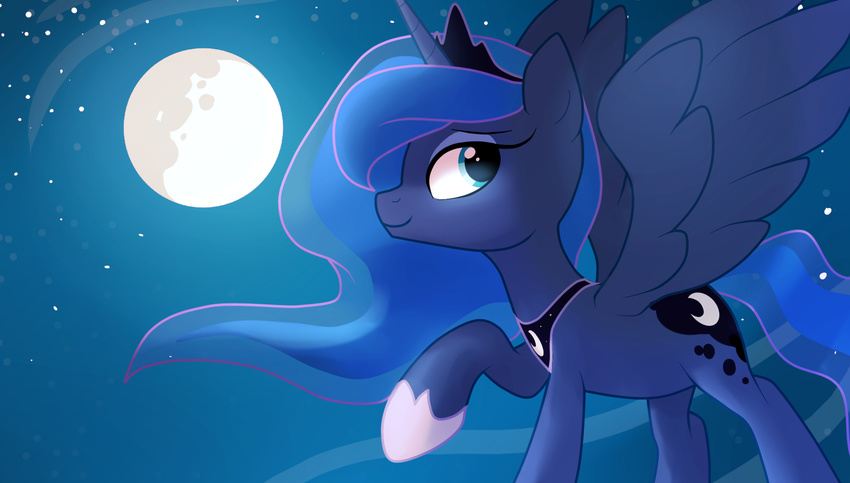 blue_eyes blue_feathers blue_fur blue_hair cutie_marks equine feathered_wings feathers female feral friendship_is_magic fur hair hooves horn locksto mammal moon my_little_pony princess_luna_(mlp) sky smile solo star starry_sky unicorn wings