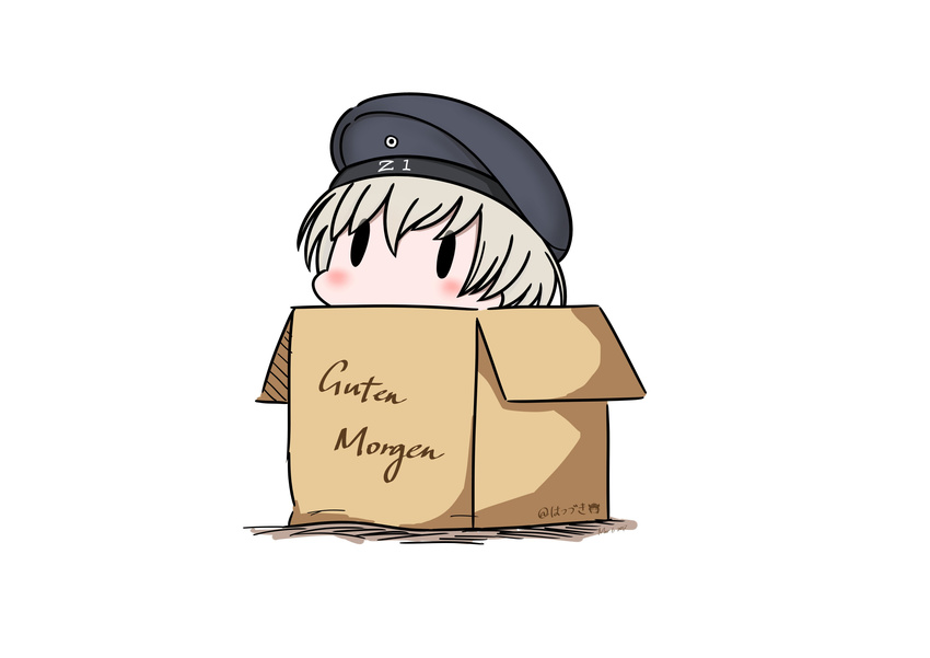 absurdres box cardboard_box dated german hat hatsuzuki_527 highres in_box in_container kantai_collection sailor_hat short_hair silver_hair simple_background solid_oval_eyes solo translated twitter_username white_background z1_leberecht_maass_(kantai_collection)