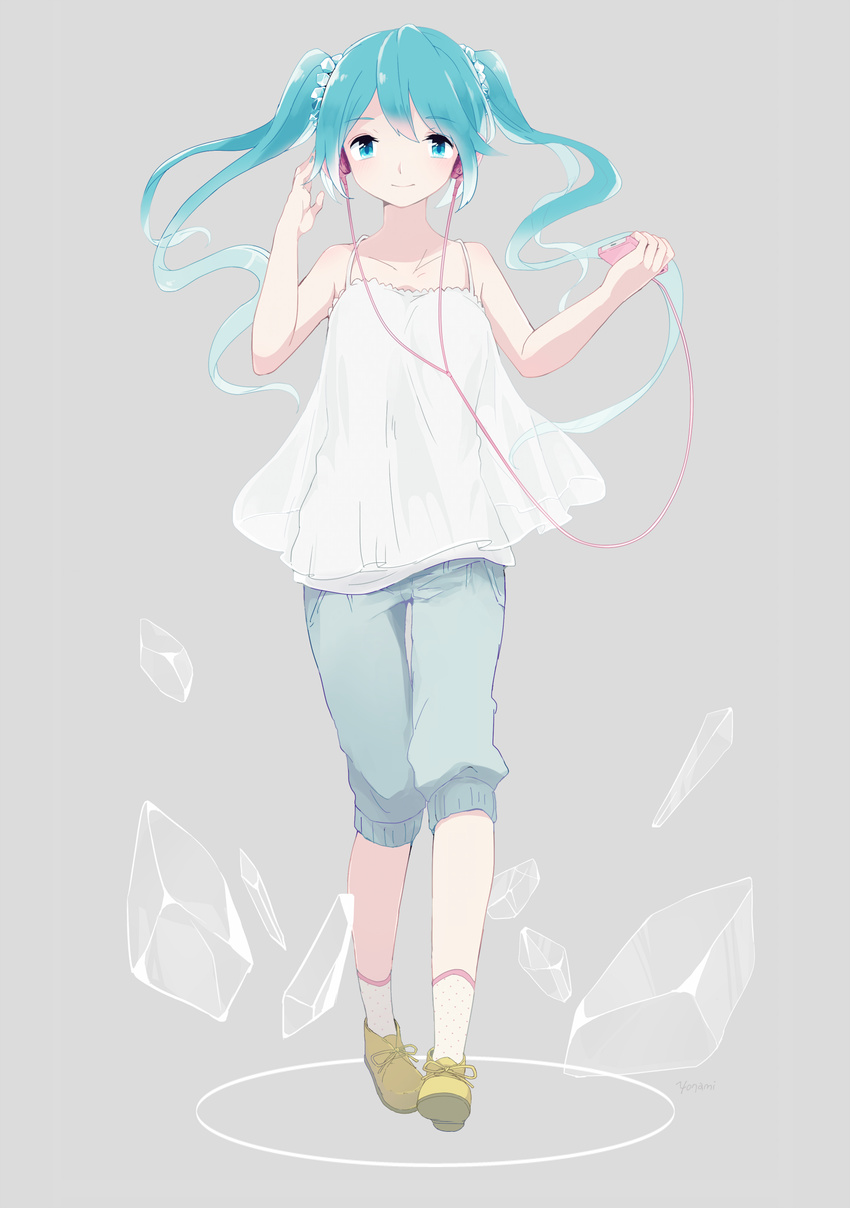 aqua_eyes aqua_hair blouse chizuru_(ambient) commentary_request hatsune_miku headphones highres long_hair pants simple_background smile socks solo twintails vocaloid