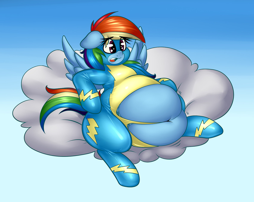 2017 cloud collaboration elzzombie equine feathered_wings feathers female flight_suit friendship_is_magic graphene hair mammal morbidly_obese multicolored_hair my_little_pony obese on_cloud open_mouth outside overweight pegasus rainbow_dash_(mlp) rainbow_hair solo wings