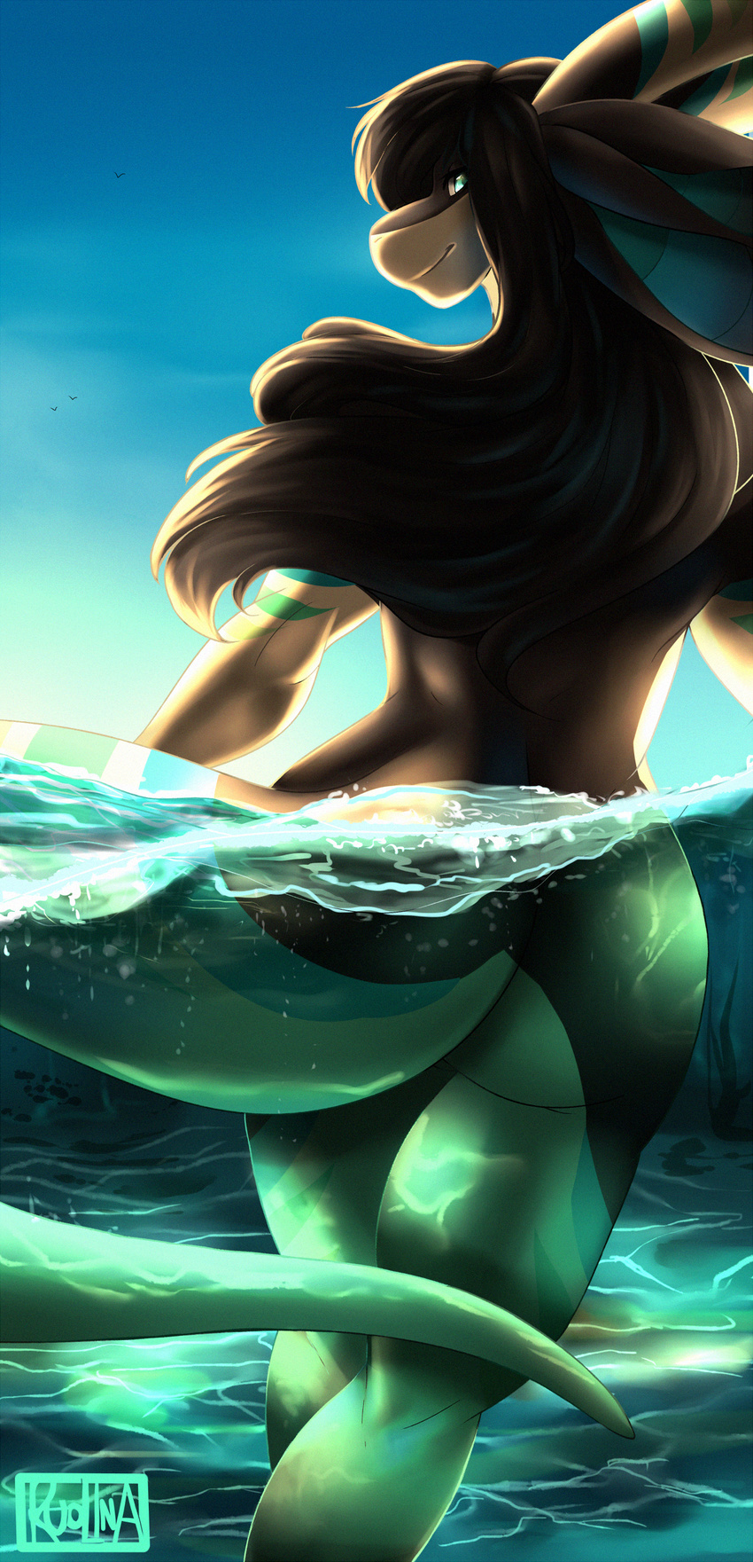 anthro butt dragon female horn looking_at_viewer marine ruolina sexy_body smile underwater walking_through_water water