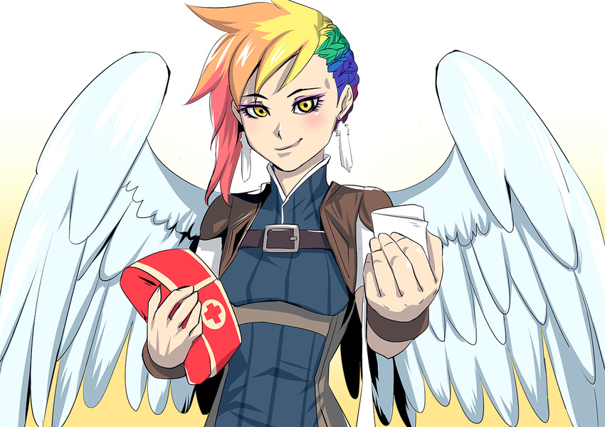 5_fingers bakki clothed clothing eyelashes feathered_wings feathers hair human mammal multicolored_hair rainbow_hair simple_background smile white_background white_feathers wings yellow_eyes