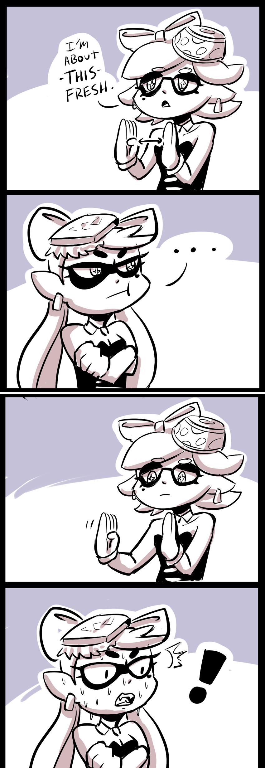 breasts callie_(splatoon) cephalopod cleavage clothed clothing ear_piercing english_text fangs female gloves humanoid inkling marie_(splatoon) marine monochrome nintendo piercing pointy_ears splatoon squid sweat text unknown_artist video_games