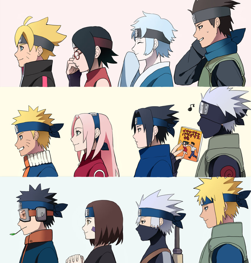 6+boys adjusting_eyewear age_progression ahoge black_hair blonde_hair blue_hair brown_hair column_lineup eighth_note forehead_protector glasses goggles half_mask haruno_sakura hatake_kakashi highres mask mitsuki_(naruto) multiple_boys multiple_girls musical_note namikaze_minato naruto naruto_(series) nohara_rin pink_hair sarutobi_konohamaru smile spiked_hair twig uchiha_obito uchiha_sarada uchiha_sasuke uzumaki_boruto uzumaki_naruto weapon weapon_on_back whisker_markings yumekoi_(cc123159)