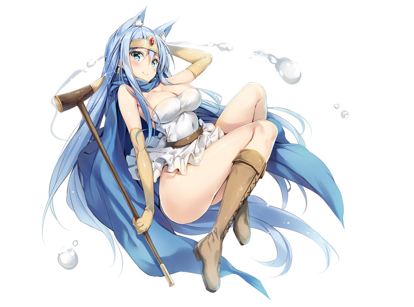 animal_ears bare_shoulders blue_eyes blue_hair blush breasts brown_footwear cape cat_ears circlet cleavage detached_sleeves dragon_quest dragon_quest_iii dress elbow_gloves exe_(xe) full_body gloves impossible_clothes kemonomimi_mode large_breasts long_hair looking_at_viewer off-shoulder_dress off_shoulder sage_(dq3) short_dress smile solo staff thighs white_dress