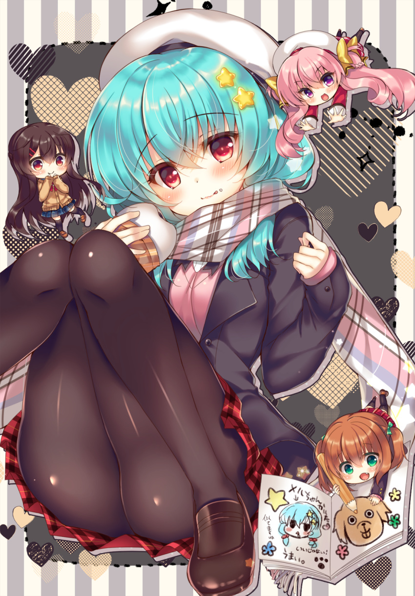 4girls :d aoki_kaede aqua_hair ass bangs baozi beret black_jacket black_legwear blazer blue_skirt blush book bow brown_cardigan brown_footwear brown_hair brown_legwear cardigan chibi colored_pencil commentary_request eyebrows_visible_through_hair food fringe_trim green_eyes hair_between_eyes hair_bow hair_ornament hairclip hat heart highres holding holding_food holding_pencil jacket lilia_chocolanne loafers long_sleeves minigirl multiple_girls open_blazer open_book open_clothes open_jacket open_mouth original pantyhose pencil pink_hair pink_sweater plaid plaid_scarf plaid_skirt pleated_skirt purple_eyes red_eyes red_jacket red_skirt scarf school_uniform shoes skirt sleeves_past_wrists smile star star_hair_ornament striped striped_background suzune_rena sweater thighhighs twintails vertical-striped_background vertical_stripes white_hat yellow_bow