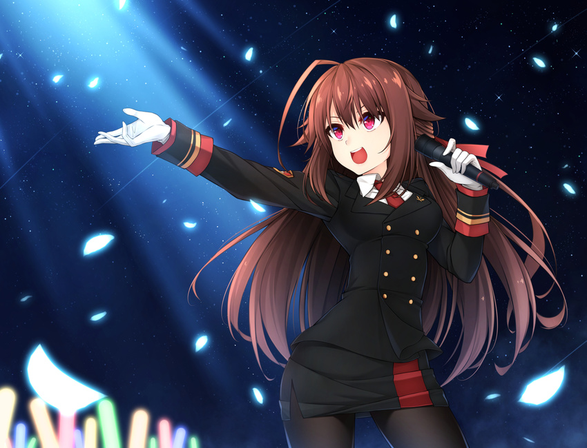 :d ahoge black_legwear black_skirt black_suit breasts brown_hair commentary confetti cowboy_shot double-breasted formal gloves glowing glowstick healther highres holding holding_microphone huge_ahoge legs_apart light_beam long_hair long_sleeves looking_away medium_breasts microphone military necktie night night_sky open_mouth original outstretched_arm pantyhose pencil_skirt red_eyes side_slit skirt sky smile solo star_(sky) starry_sky suit v-shaped_eyebrows white_gloves