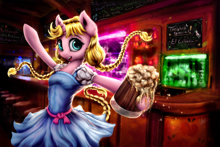 blonde_hair blue_eyes braided_hair clothed clothing detailed_background dress equine eyelashes fan_character fur hair holding_object hooves horn mammal my_little_pony pink_fur salterino smile solo unicorn