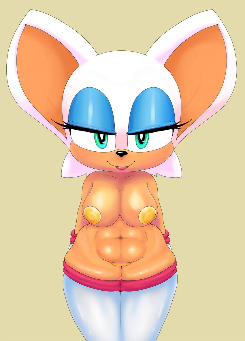 anthro bat big_breasts breasts clothing eyeshadow female gloves green_eyes hands_behind_back legwear makeup mammal navel pasties punkinillus rouge_the_bat simple_background solo sonic_(series) standing thigh_highs