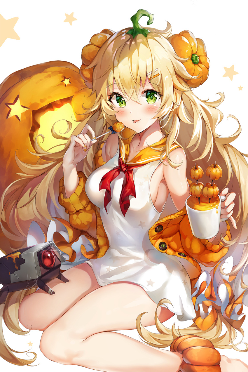 1girl alternate_costume ankle_scrunchie baggy_clothes bangs bare_shoulders barefoot between_legs blonde_hair blush breasts candy cardigan cup dinergate_(girls_frontline) dress eyebrows_visible_through_hair food food_themed_hair_ornament girls_frontline green_eyes hair_between_eyes hair_ornament hairband hairclip halloween highres holding holding_cup holding_food kneeling lollipop long_hair looking_at_viewer messy_hair nail_polish narae neckerchief off_shoulder open_cardigan open_clothes open_mouth orange_cardigan orange_nails orange_sailor_collar orange_sweater pointing pumpkin pumpkin_hair_ornament pumpkin_soup red_neckwear s.a.t.8_(girls_frontline) sailor_collar sailor_dress scrunchie sidelocks silk smile sweater tongue tongue_out very_long_hair white_dress