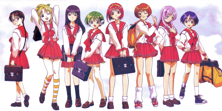 bag chiba_yuriko duffel_bag highres himekawa_kotone hoshina_tomoko kamigishi_akari kurusugawa_serika loafers loose_socks matsubara_aoi miyauchi_lemmy multi multiple_girls nagaoka_shiho school_briefcase school_uniform serafuku shoes sneakers socks striped striped_legwear to_heart