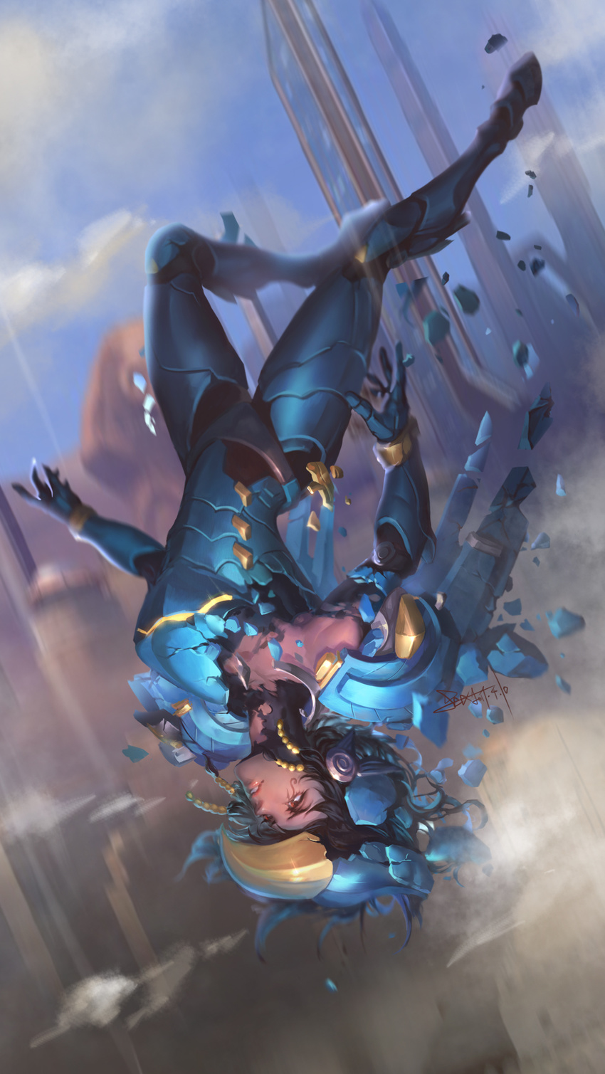 armor black_bodysuit black_hair blue_sky bodysuit broken_armor brown_eyes building cloud dark_skin dated day debris disintegration eye_of_horus facial_mark facial_tattoo falling full_body glint hair_tubes helmet highres iron_man lips looking_away marvel messy_hair nose outdoors overwatch parody parted_lips pharah_(overwatch) power_armor realistic side_braids signature sky skyscraper solo spade-m statue style_parody tattoo torn_bodysuit torn_clothes upside-down