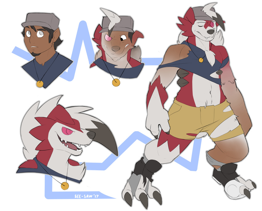 anthro claws clothed clothing hat human jewelry lycanroc male mammal necklace nintendo pok&eacute;mon see-saw solo torn_clothing transformation video_games